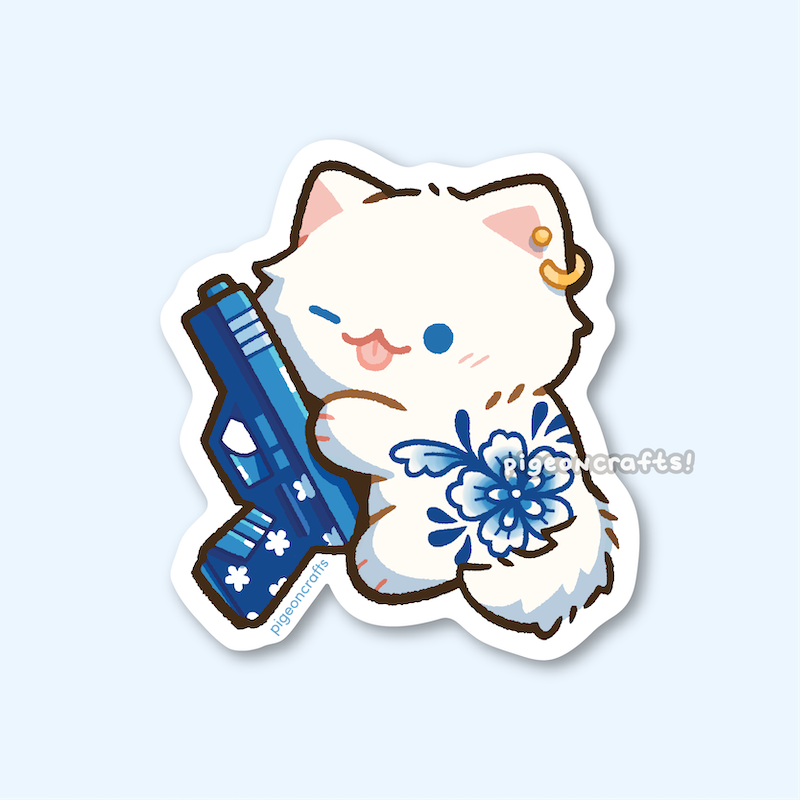 Tattooed Cat with Gun Matte Sticker