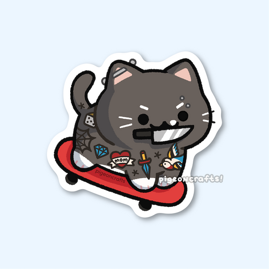 Tattooed Tuxie Skater Cat Matte Sticker