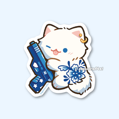 Tattooed Cat with Gun Matte Sticker