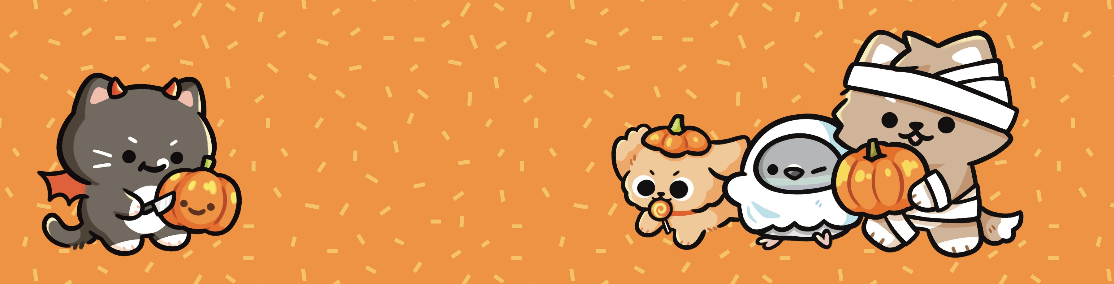 Three cartoon characters from pigeoncrafts in Halloween costumes on an orange background with patterns.