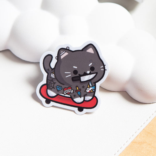 Tattooed Tuxie Skater Cat Matte Sticker
