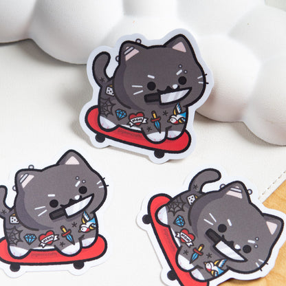 Tattooed Tuxie Skater Cat Matte Sticker