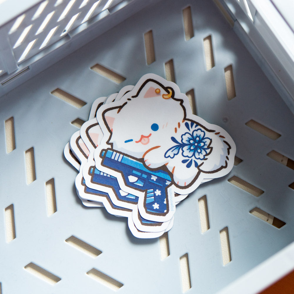 Tattooed Cat with Gun Matte Sticker