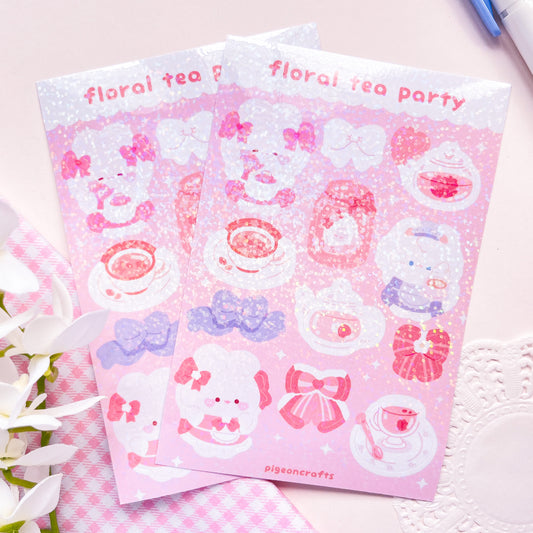 Floral Tea Party Holo Glitter Sticker Sheets